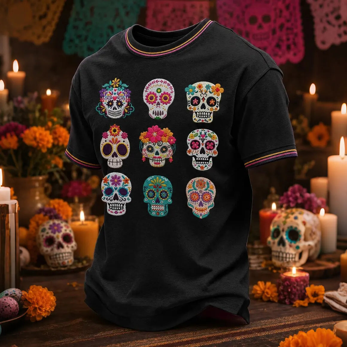 Men's Nine Colorful Sugar Skulls Day of the Dead Print Crew Neck T-Shirt