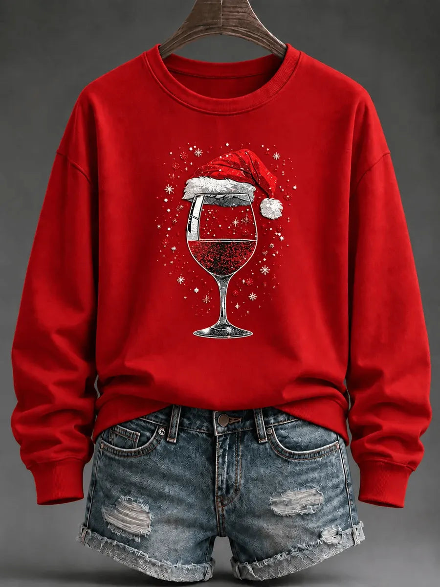 Women's Christmas Wine Glass Print Fleece-Lined Crewneck Sweatshirt