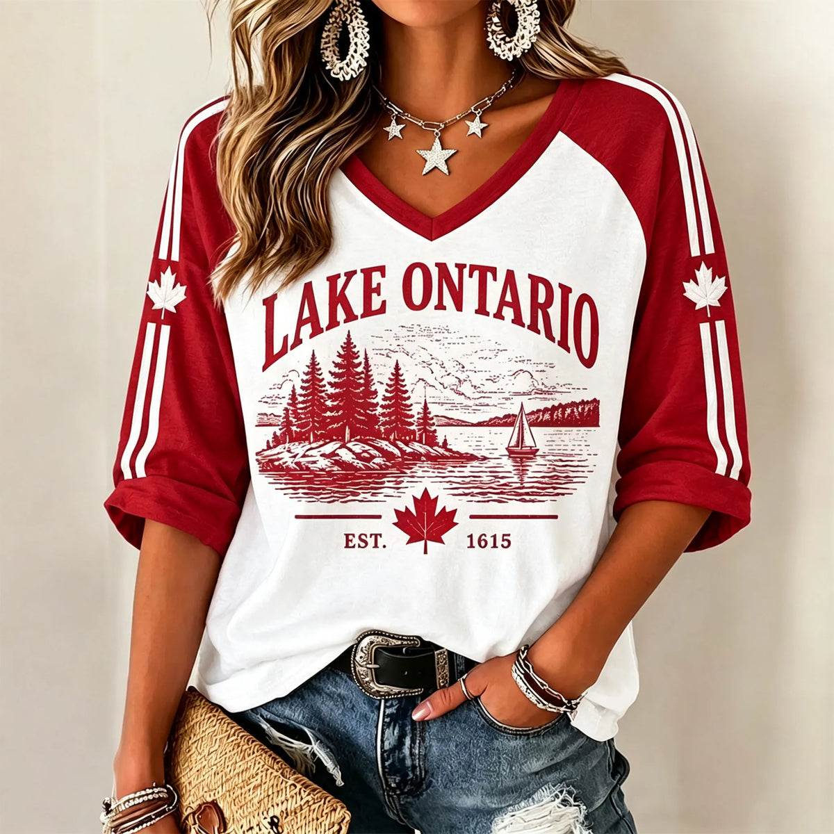 Women's Lake Ontario Pattern Print Raglan Sleeve Short Sleeve T-shirt