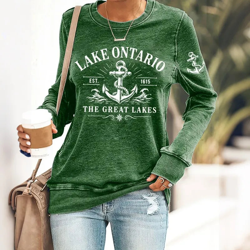 Retro Lake Ontario Est 1615 The Great Lakes Print Sweatshirt