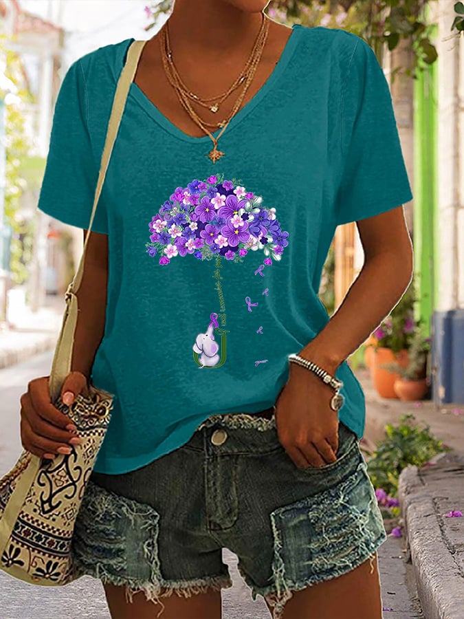 V-neck  Alzheimer's Awareness I Wear Purple For My Mother Print T-Shirt