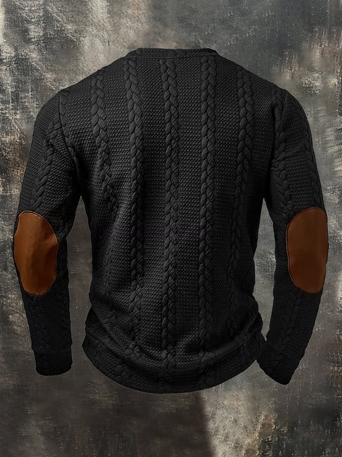 Men's Retro Textured Cable-Knit & Faux Suede Color-Block Sweatshirt