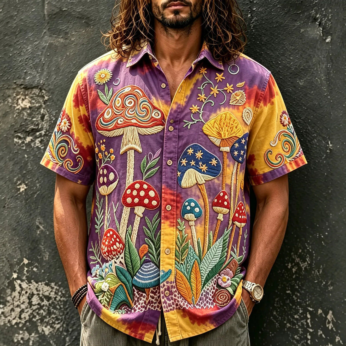 Men's Psychedelic Mushroom Tie Dye Print Short Sleeve Buttons Shirt