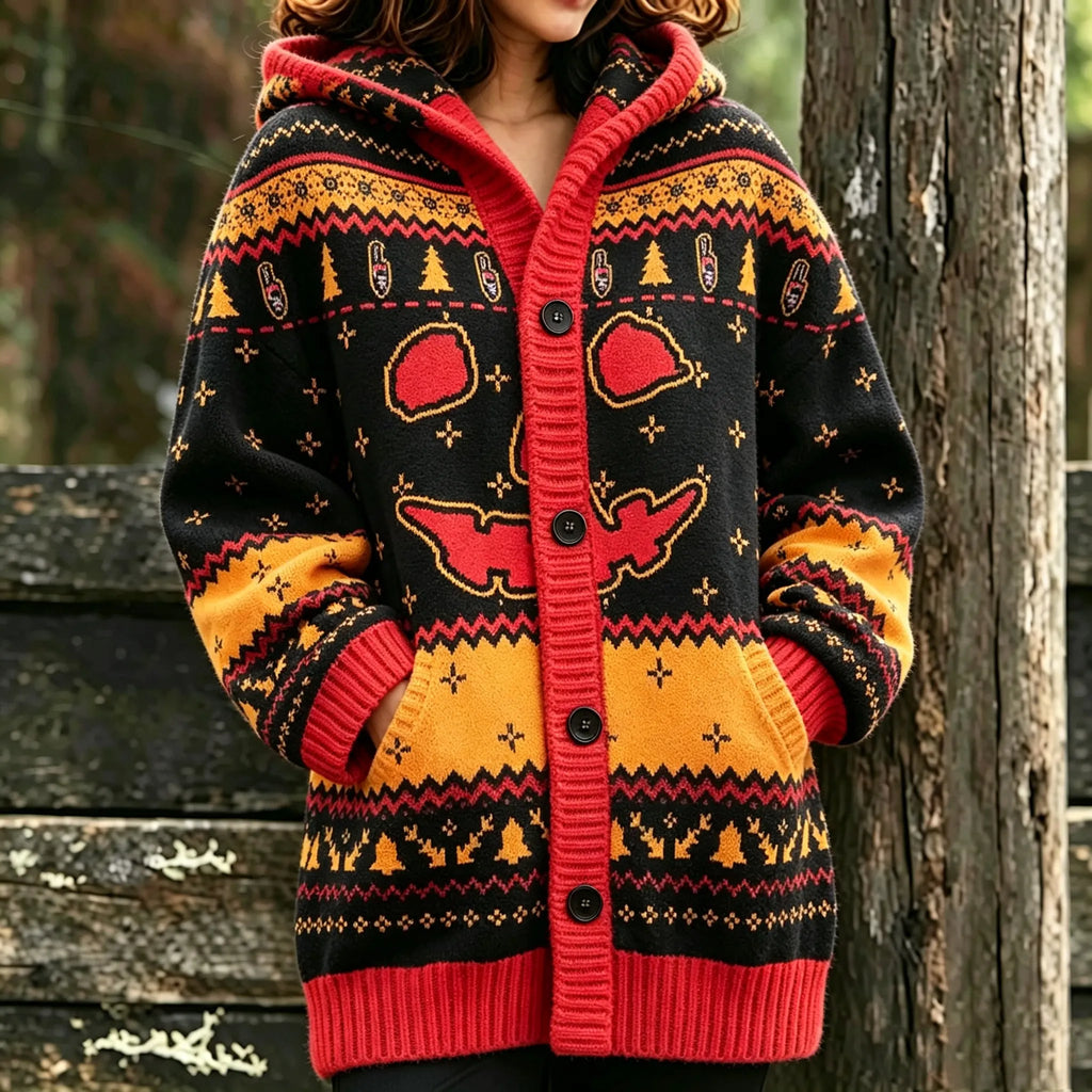 Women's Dark Expression Christmas Tree Halloween Print Hooded Cardigan