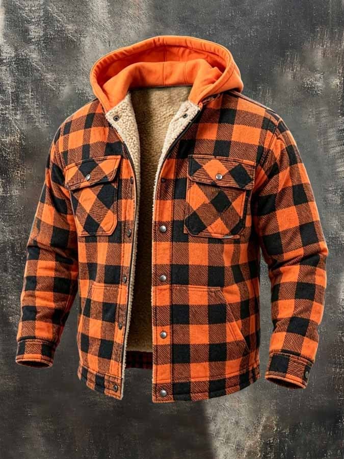 Men's Retro Color-Block Plaid Fleece-Lined Warm Hooded Jacket