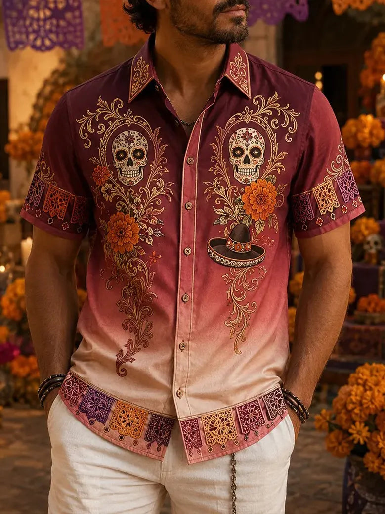 Men's Day Of The Dead Twin Skull Swirling Vine Print Short Sleeve Buttons Shirt