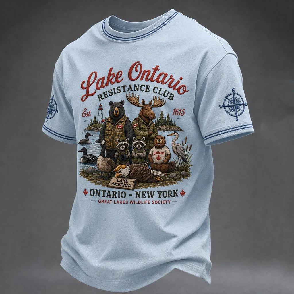 Men's Retro Lake Ontario Resistance Club Print Crew Neck Short Sleeve T-shirt