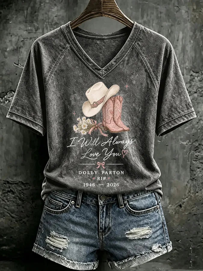 V Neck Retro I Will Always Love You Western Cowgirl Pink Cowboy Boots Print T-Shirt