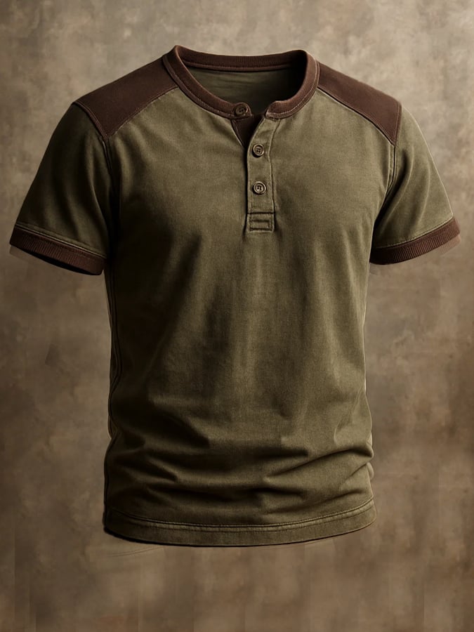 Men's vintage-style Henley print short-sleeved T-shirt