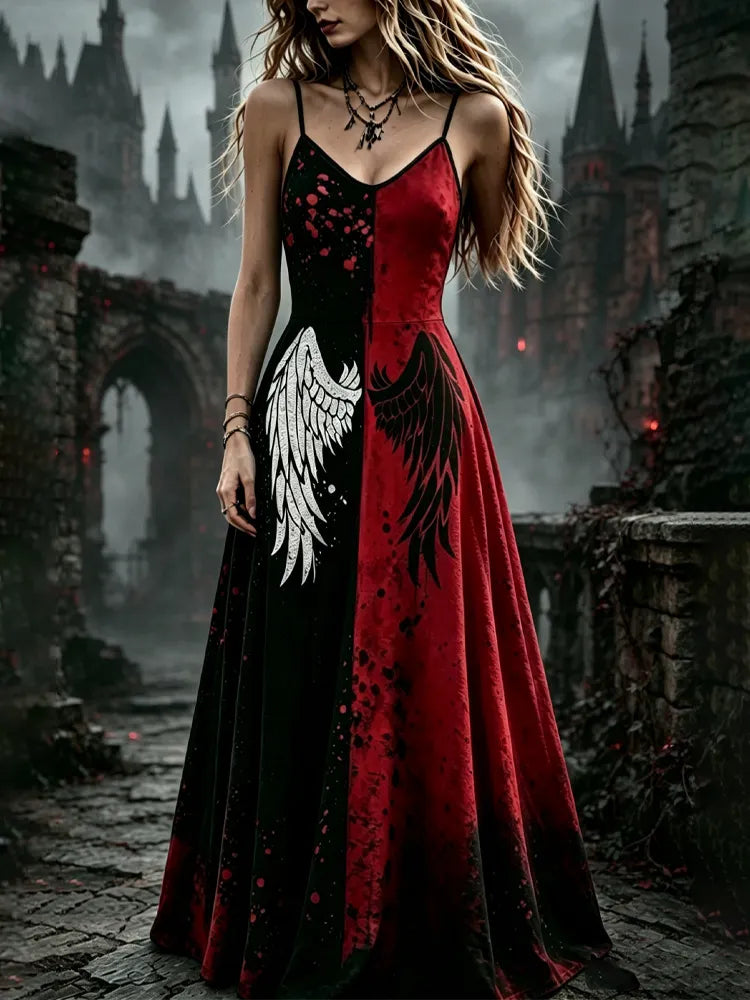 Women's Halloween Black And Red Color-blocked Black And White Wing Strap Dress
