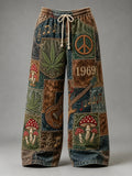 Men's Hippie Patchwork Peace Sign Mushroom Guitar Musical Note Print Pants
