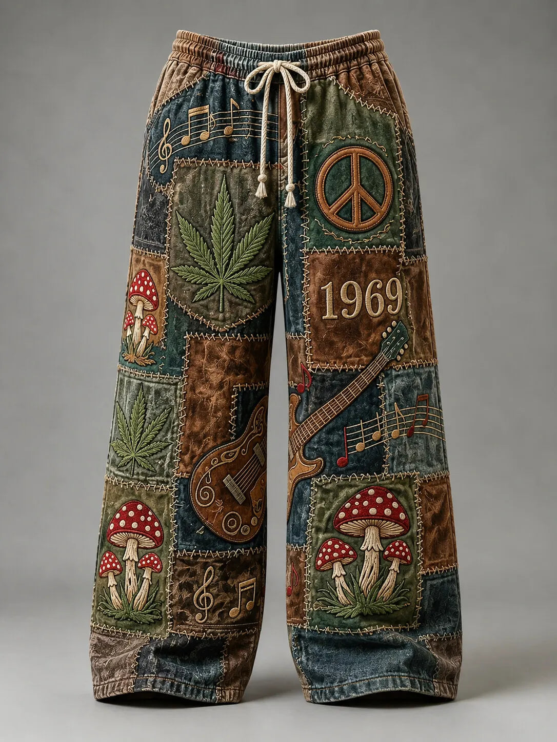 Men's Hippie Patchwork Peace Sign Mushroom Guitar Musical Note Print Pants