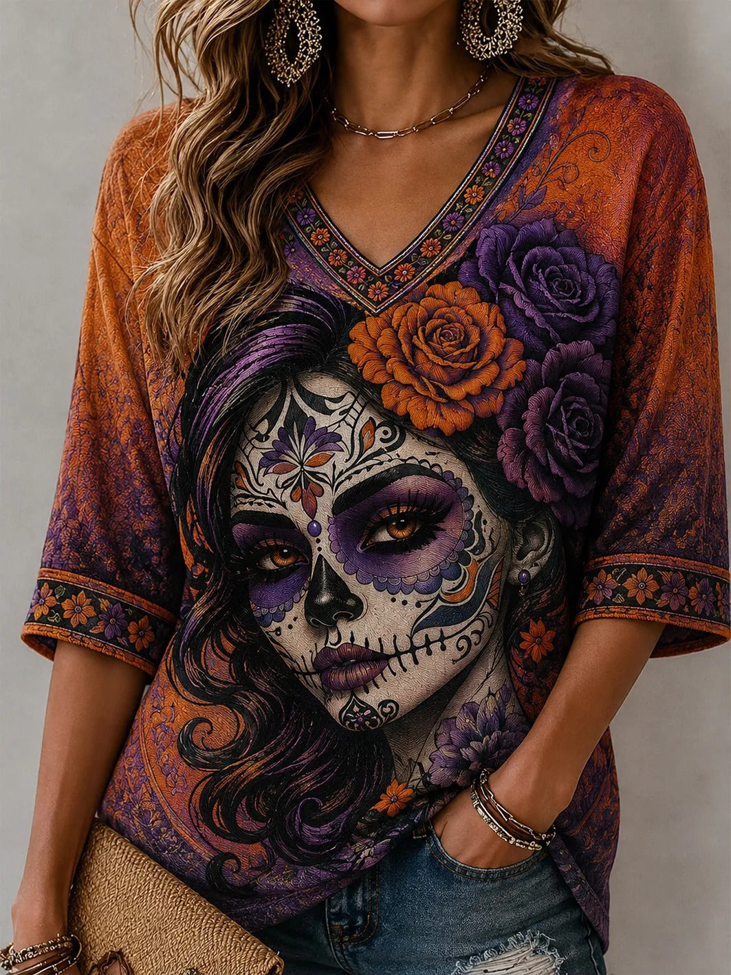 Women's Day Of The Dead Sugar‐Face Lady Large Rose Bloom Print Mid-length Sleeves V-Neck T-Shirt