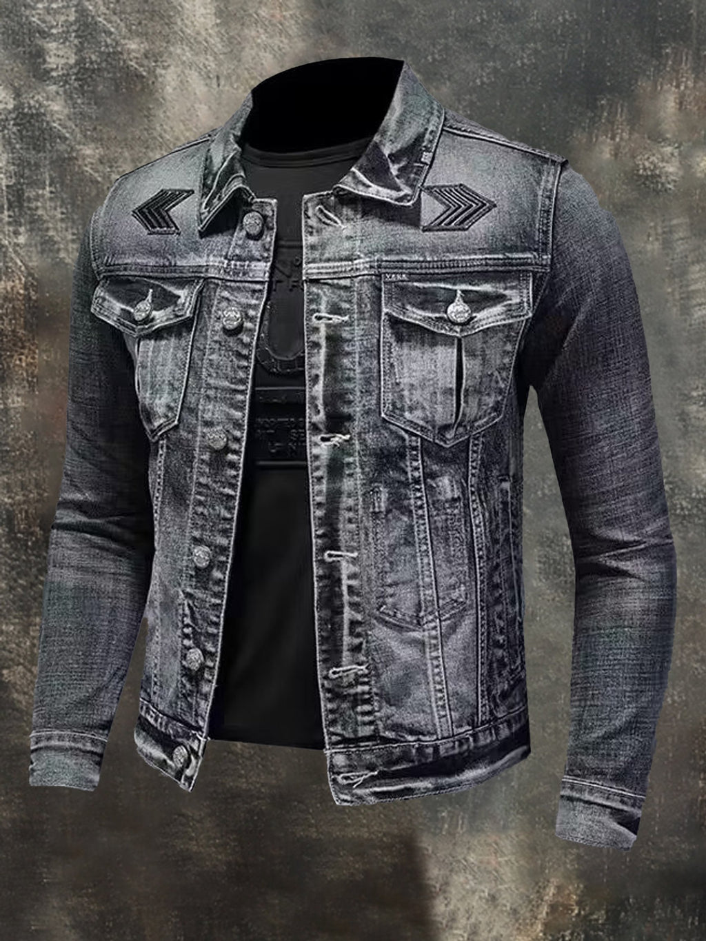 Men's Vintage-Style Washed Denim Biker Jacket with Zip and Lapel Collar
