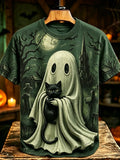 Men's Retro Halloween Ghost And Cat Print T-shirt
