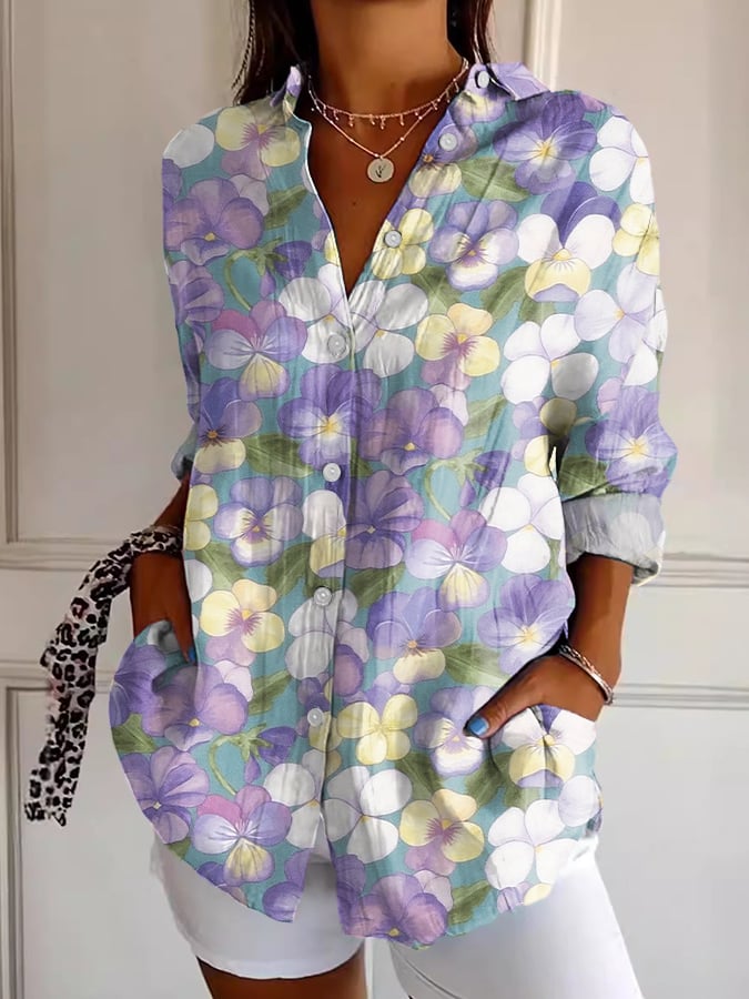 Women's Art Purple Pansy Floral Print Shirt