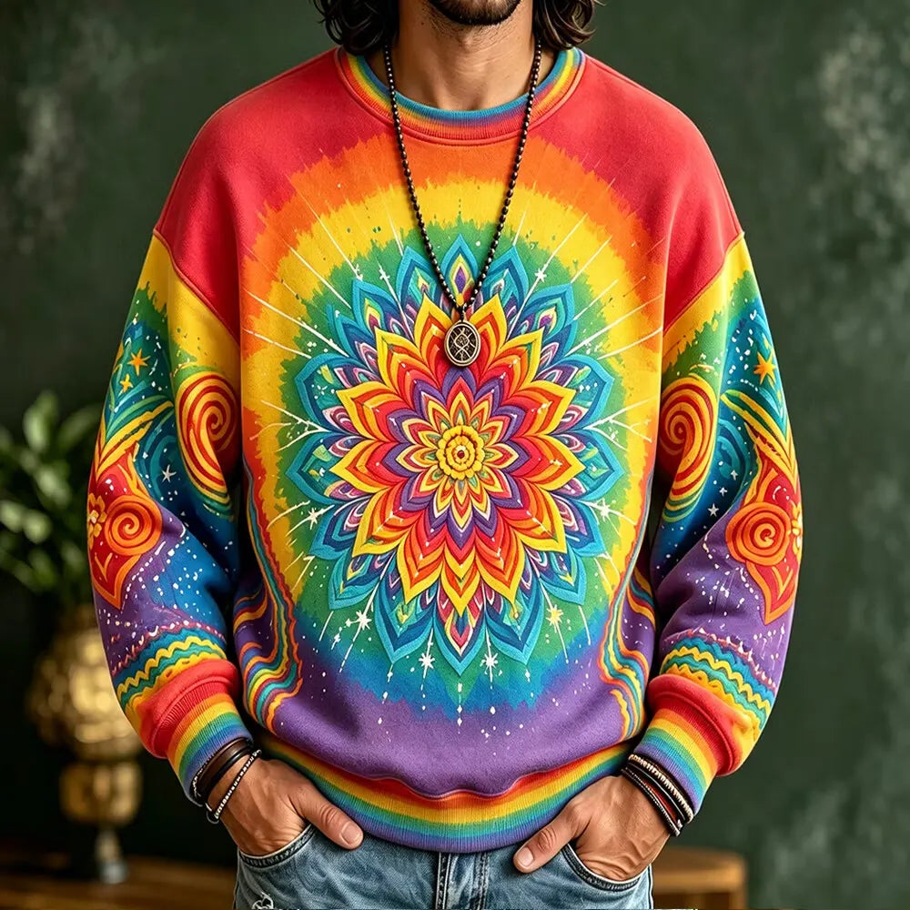 Men's Rainbow Radial Mandala Floral Print Crew Neck Sweatshirt