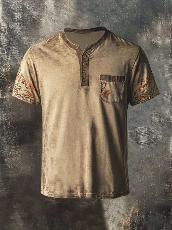 Men's casual Henley t-shirt in vintage style with floral stitching and short sleeves