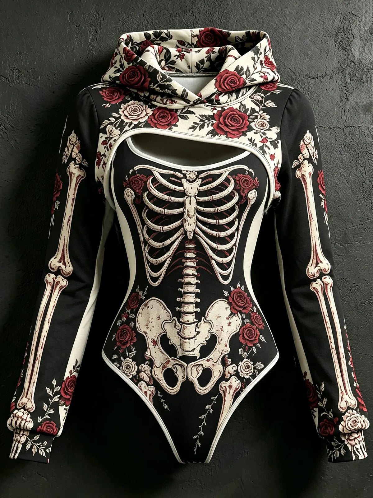 Women's Retro Color Block Bone Rose Print Hoodie Two-piece Set