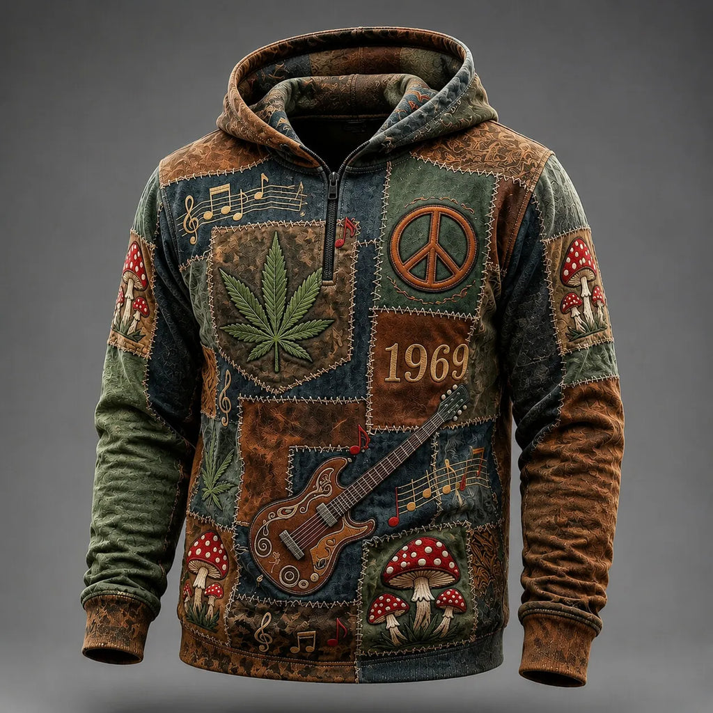 Men's Guitar Mushroom Peace 1969 Number Print Zipper Hoodies