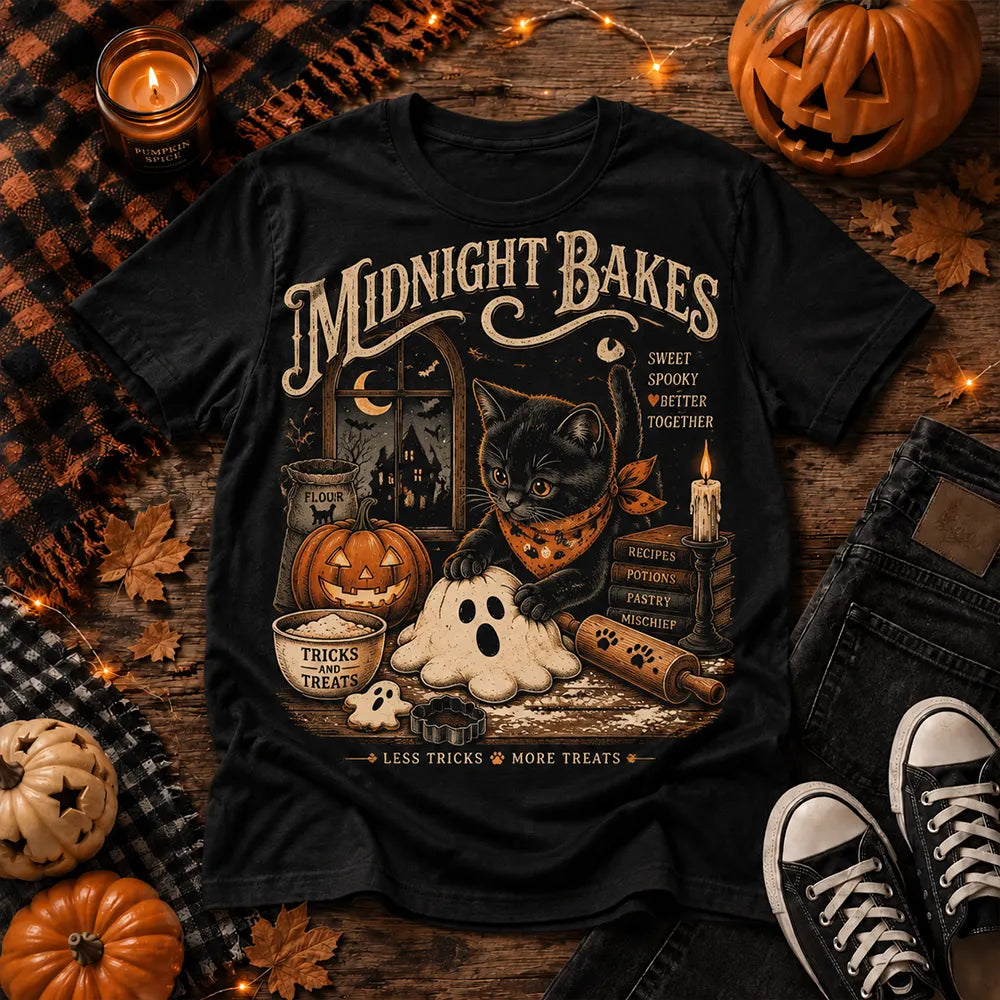 Unisex Halloween Midnight Bakes Black Cat And Ghost Baking Print Short Sleeve T-shirt