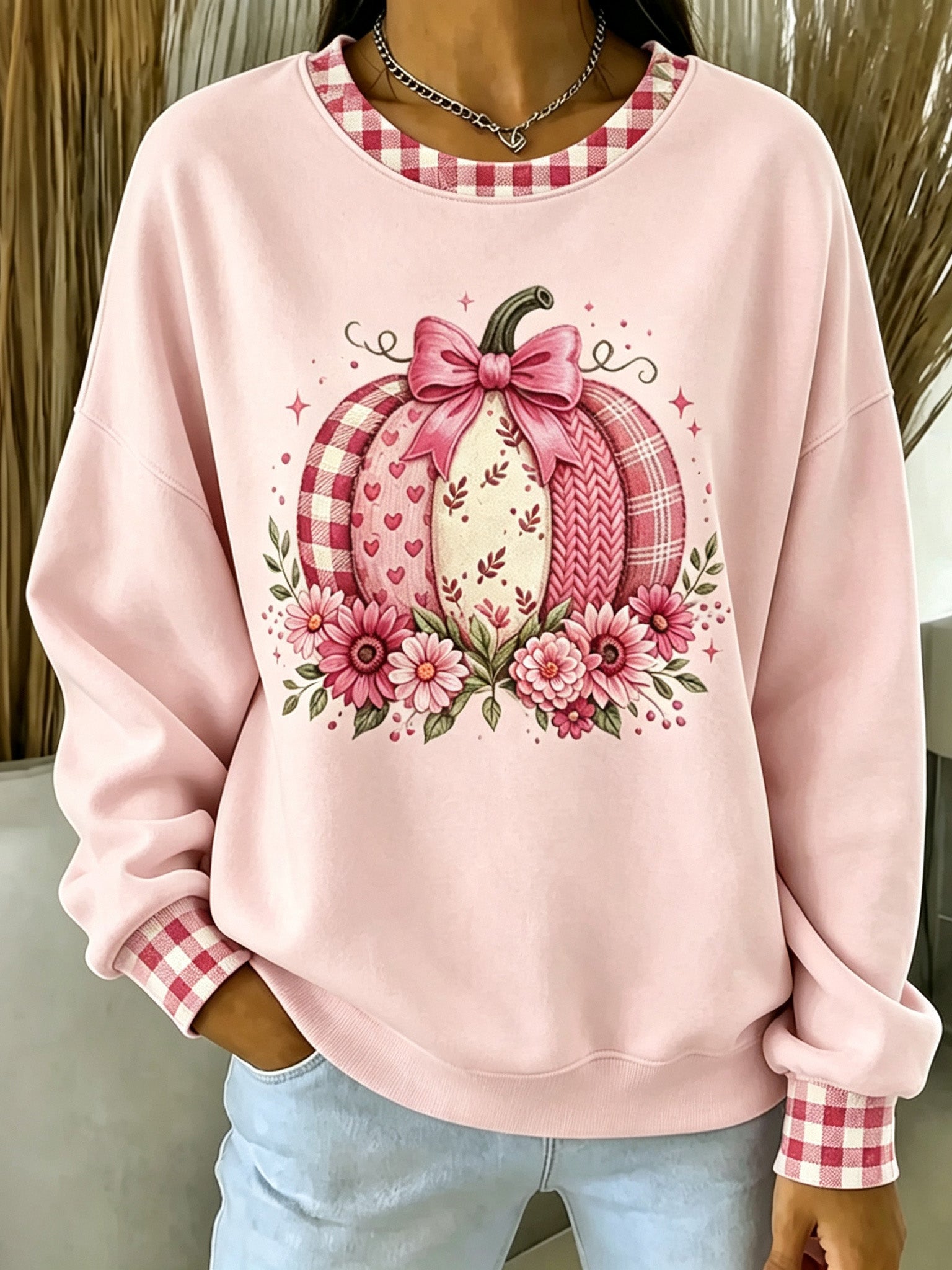 Women's Halloween-themed Pumpkin Art Print Crew Neck Sweatshirt