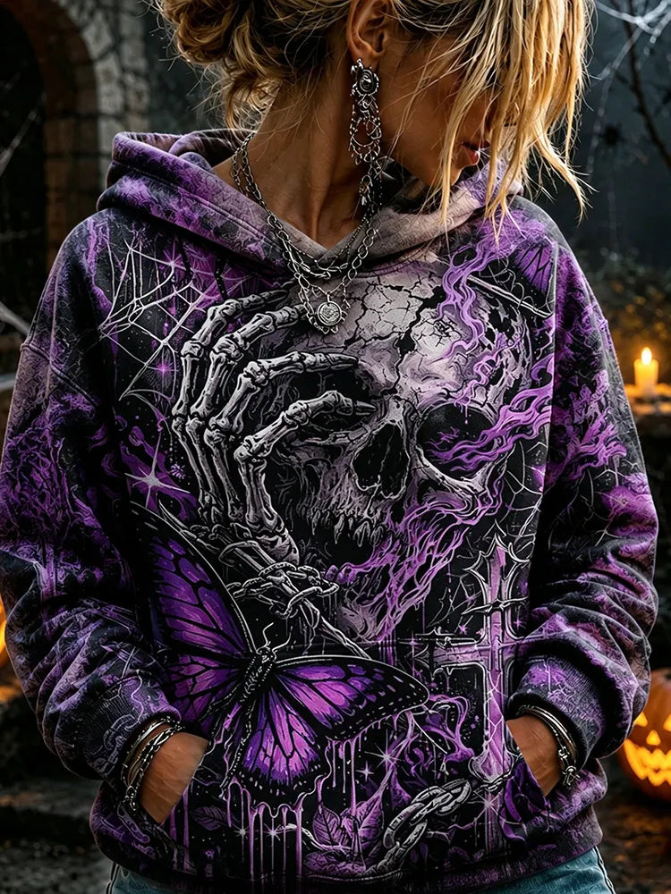 Vintage Distressed Tie-dye Halloween Spider Web Dark Gothic Skull Purple Butterfly Hoodie