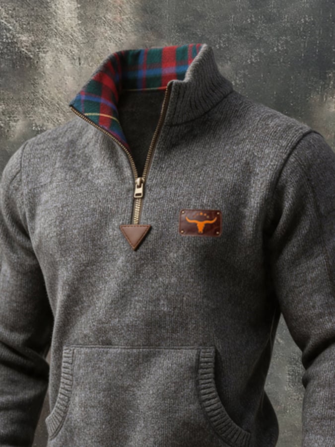 Men's Retro Color-Block Plaid Patchwork Quarter-Zip Mock-Neck Sweater