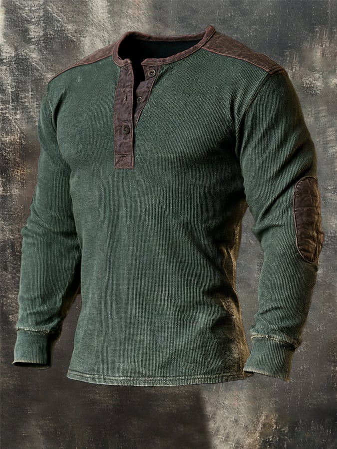 Men's Vintage Comfortable Pure Cotton Color-Block Henley T-Shirt