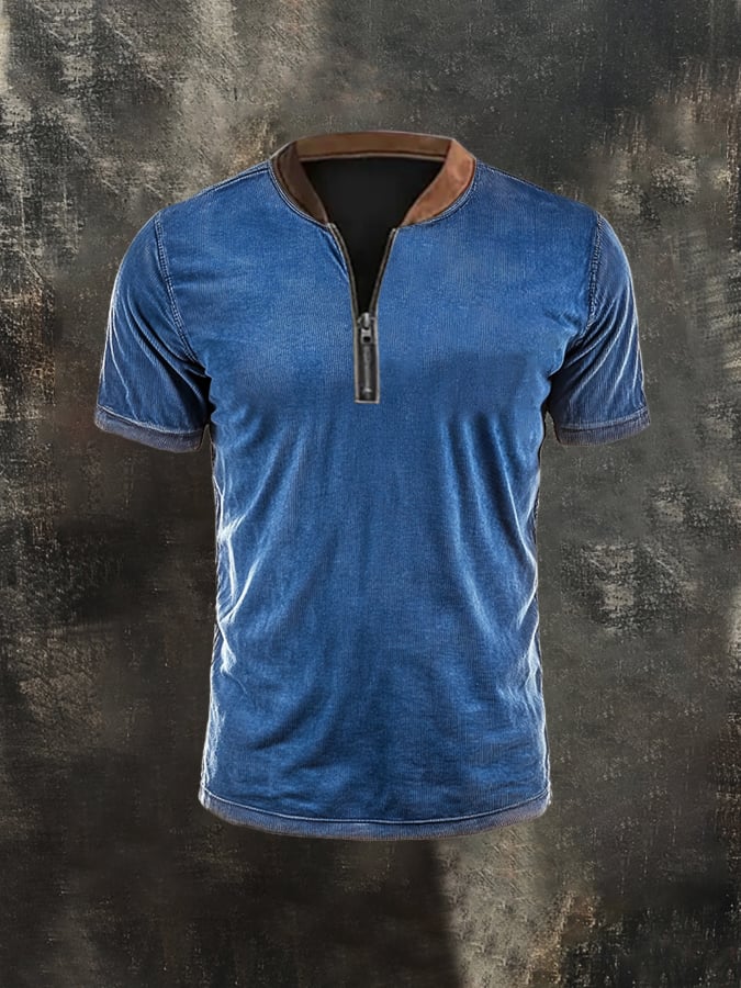Men's casual retro print polo shirt with zip and stand-up collar