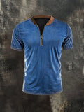 Men's casual retro print polo shirt with zip and stand-up collar