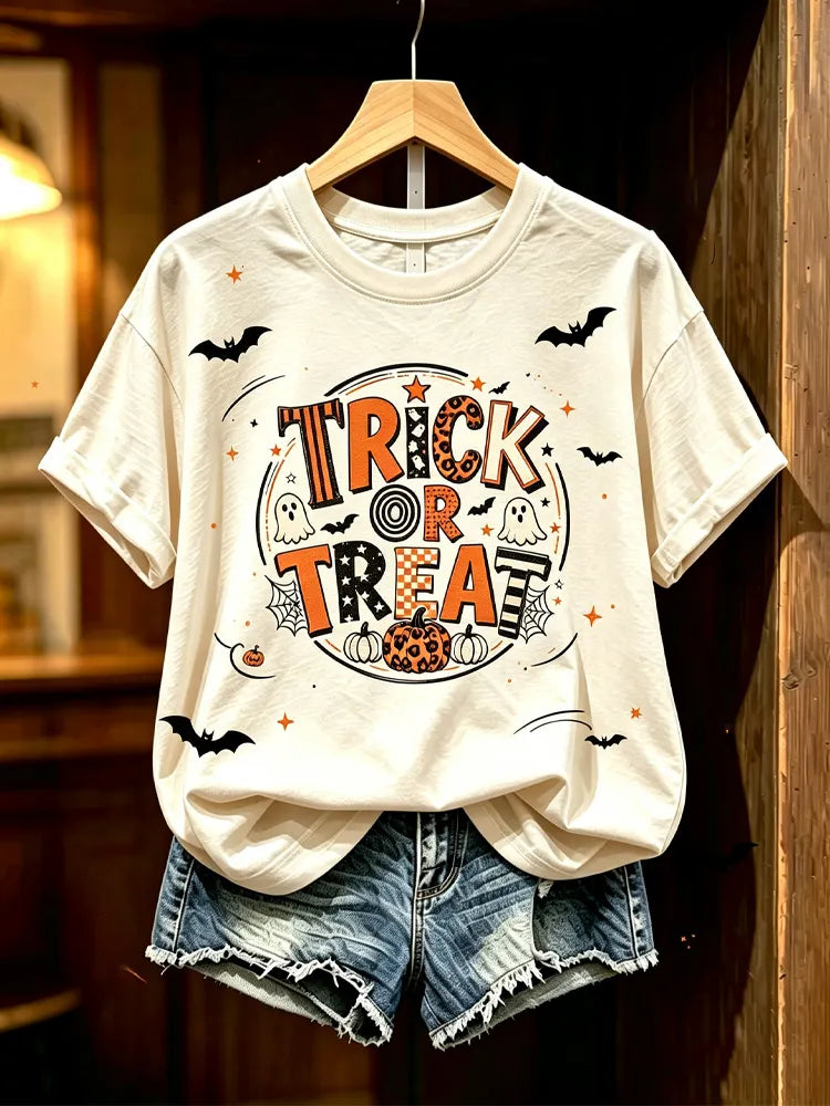 Women's 'trick Or Treat' Colorful Print Short Sleeve Top
