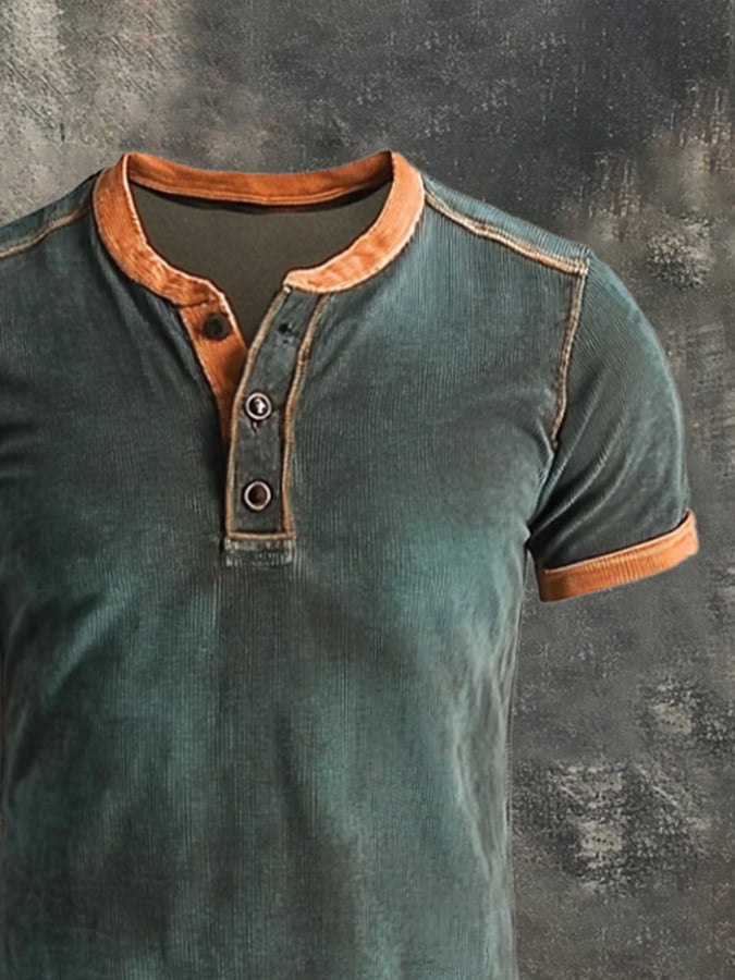 Men's Vintage Washed Cotton Casual Henley Short Sleeve T-Shirt