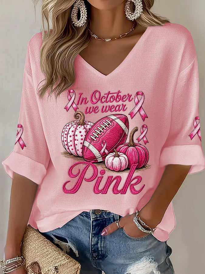 Women's Pink Pumpkin Rugby Waffle Top