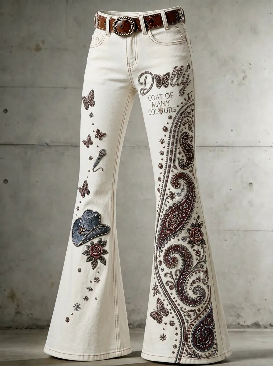 Women's Dolly Parton Coat of Many Colours Paisley Butterfly Printed Flare Jeans