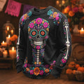 Men's Ornate Skull Adorned With Vibrant Blossoms Print Crew Neck Long Sleeve Waffle Sweatshirt