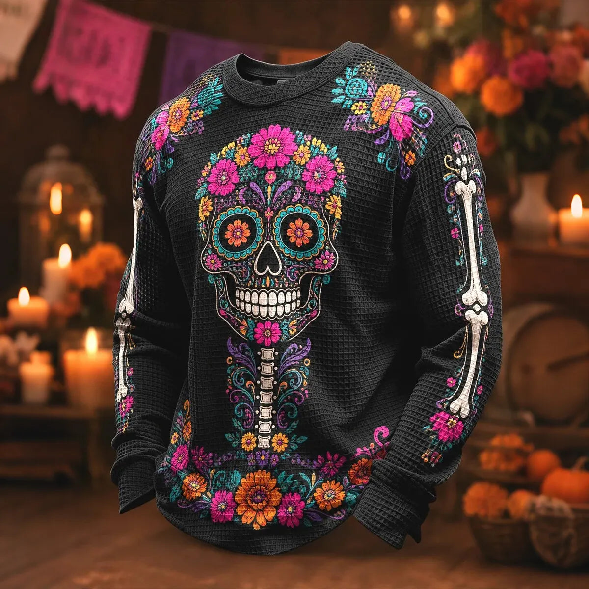 Men's Ornate Skull Adorned With Vibrant Blossoms Print Crew Neck Long Sleeve Waffle Sweatshirt