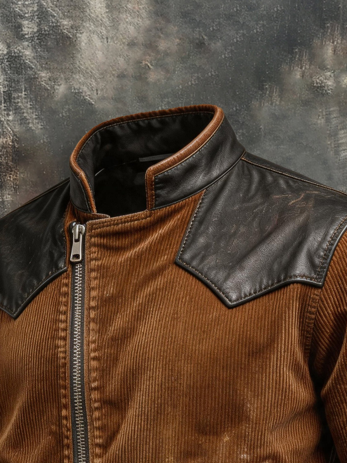 Men's Vintage Corduroy and Leather Panel Jacket with Diagonal Zipper