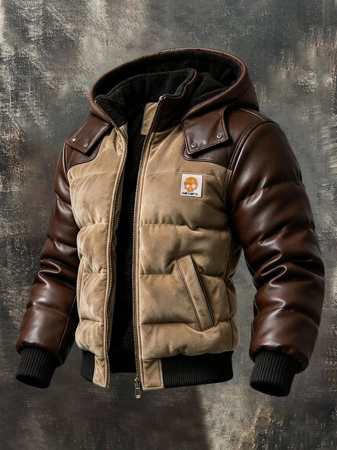 Men’S Vintage-Style Fleece-Lined Hooded Jacket With Contrast Leather Paneling (Detachable Fur Collar)