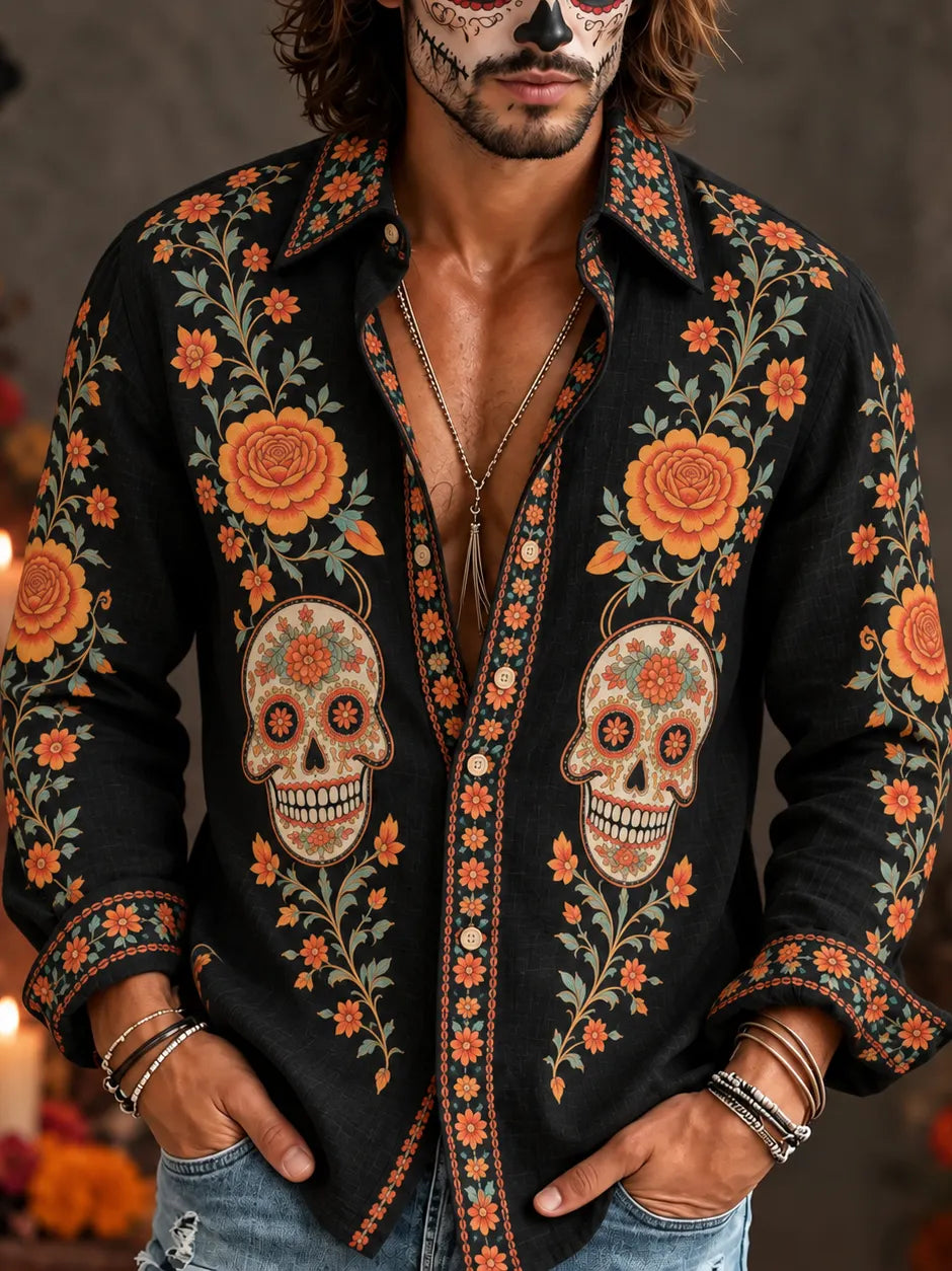 Men‘s Retro Mexico Day Of The Dead Sugar Floral Skull Printed Long-sleeved Shirt