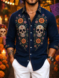 Men's Day Of The Dead Symmetrical Painted Skulls Floral Print Shirt