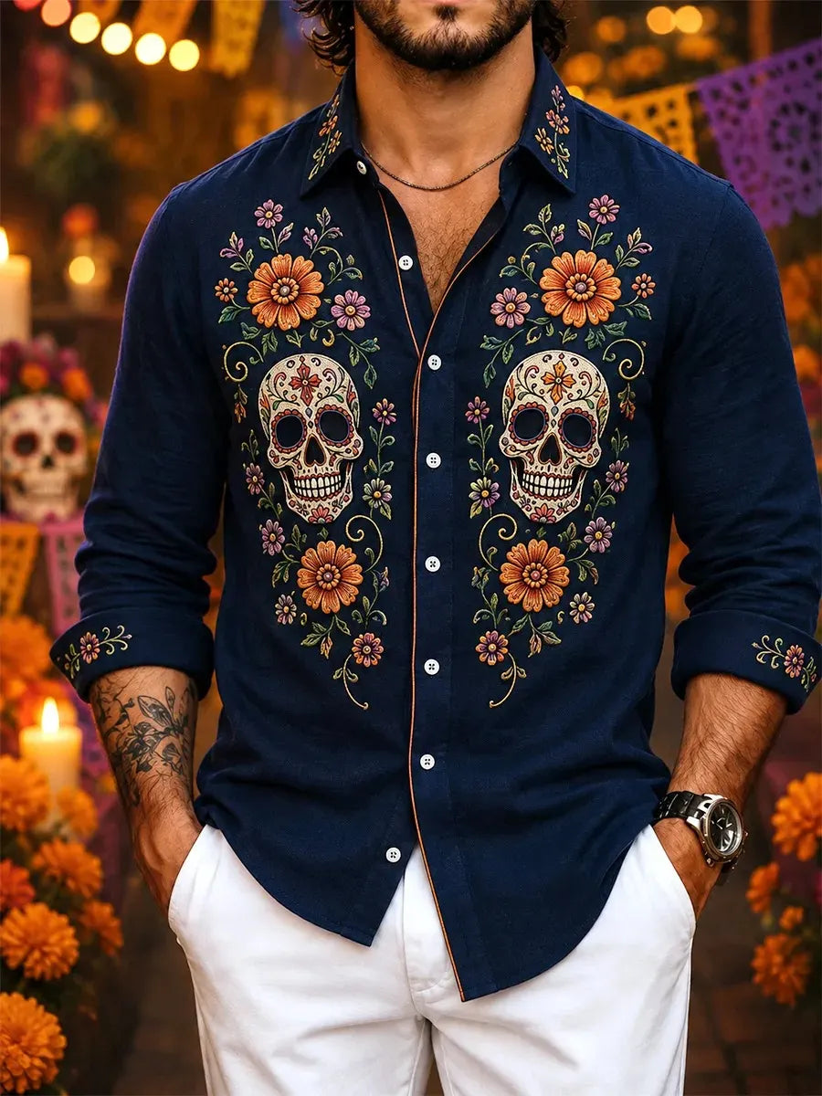 Men's Day Of The Dead Symmetrical Painted Skulls Floral Print Shirt
