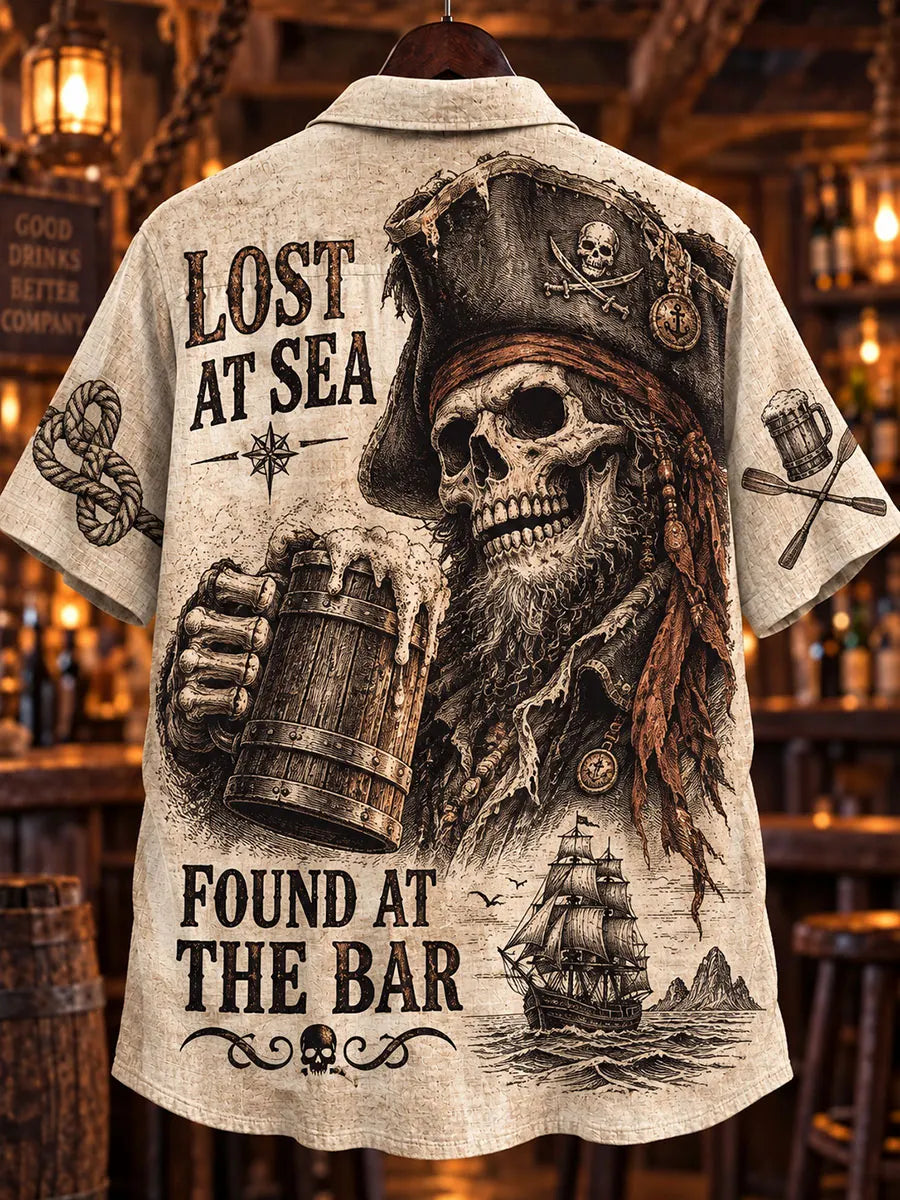Men’s Vintage Toasting Pirate Skeleton Short Sleeve Shirt