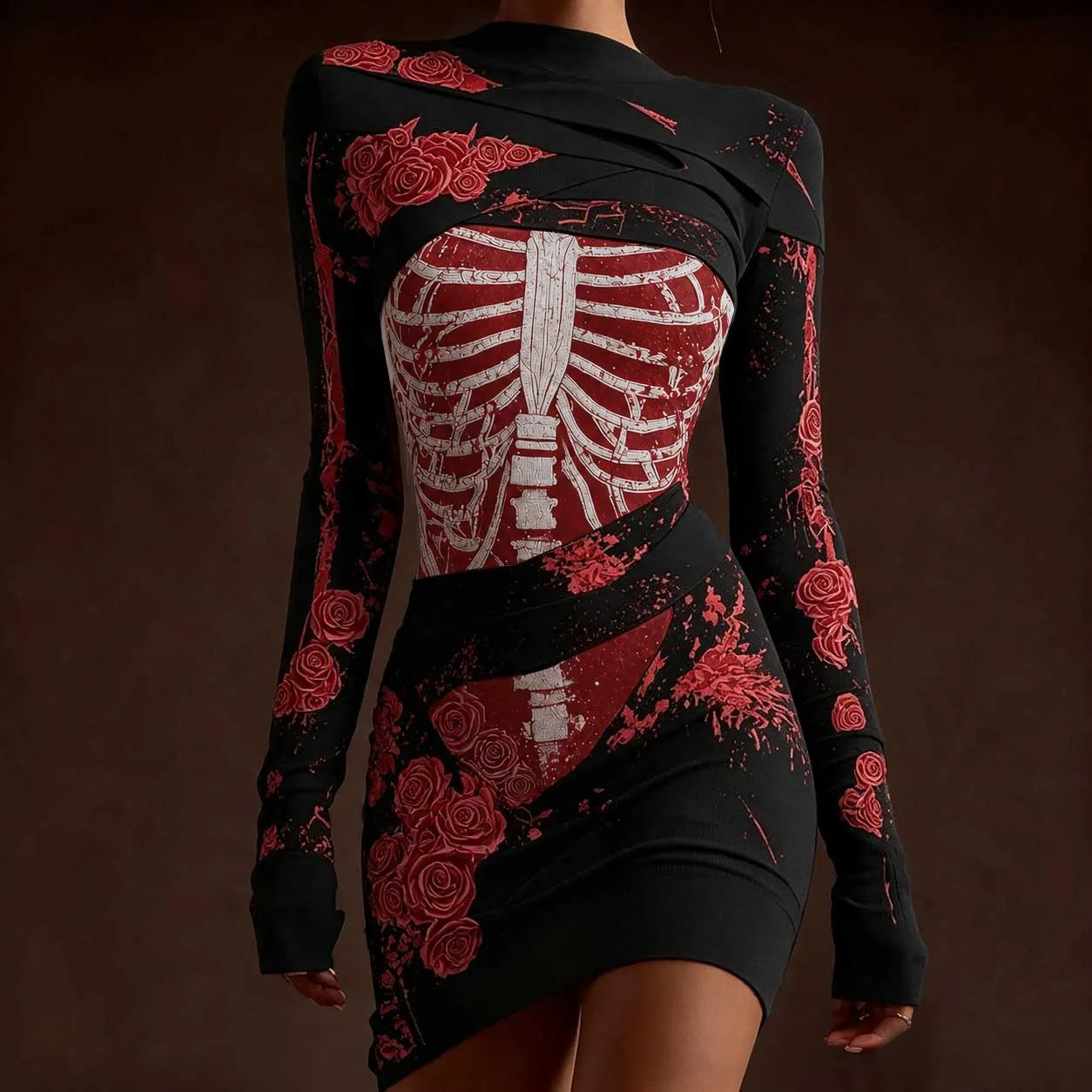 Classy Skeleton Anatomy Bloody Roses Bandages Knit Sweater Dress