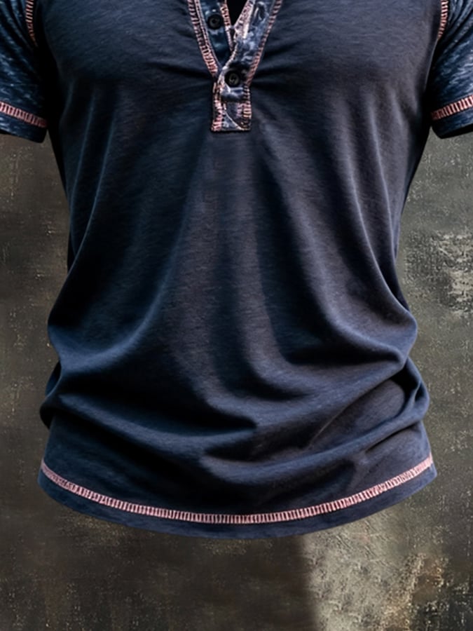Men's Retro Color-Block Short-Sleeve Henley Shirt