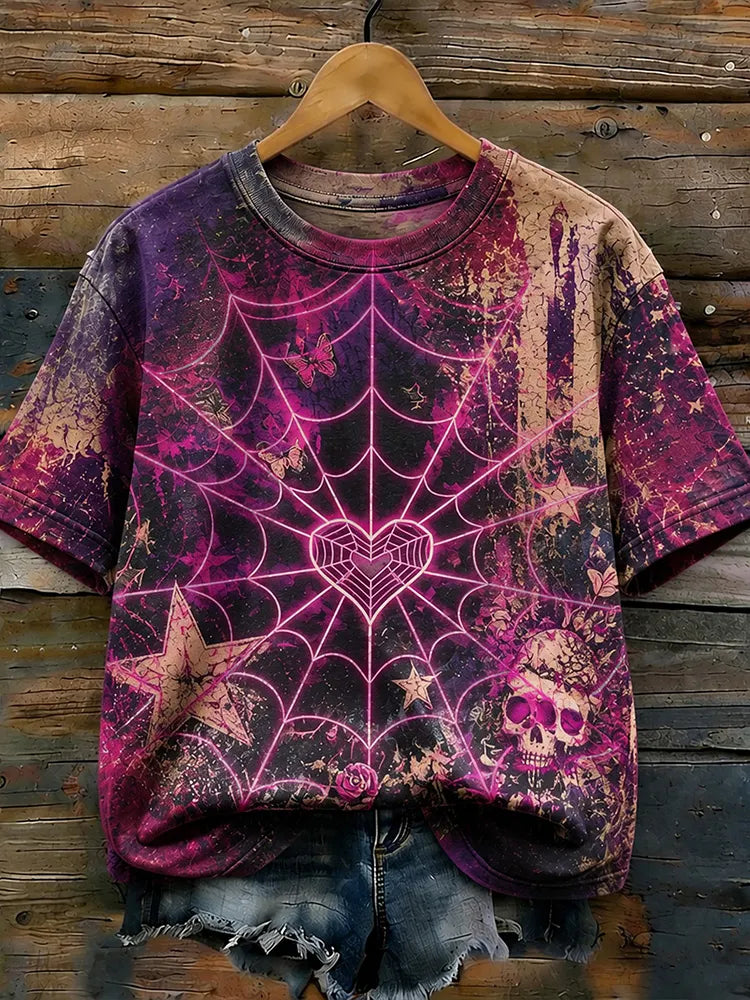 Vintage Distressed Gothic Tie-dye Halloween Skull And Heart Spider Web T-shirt