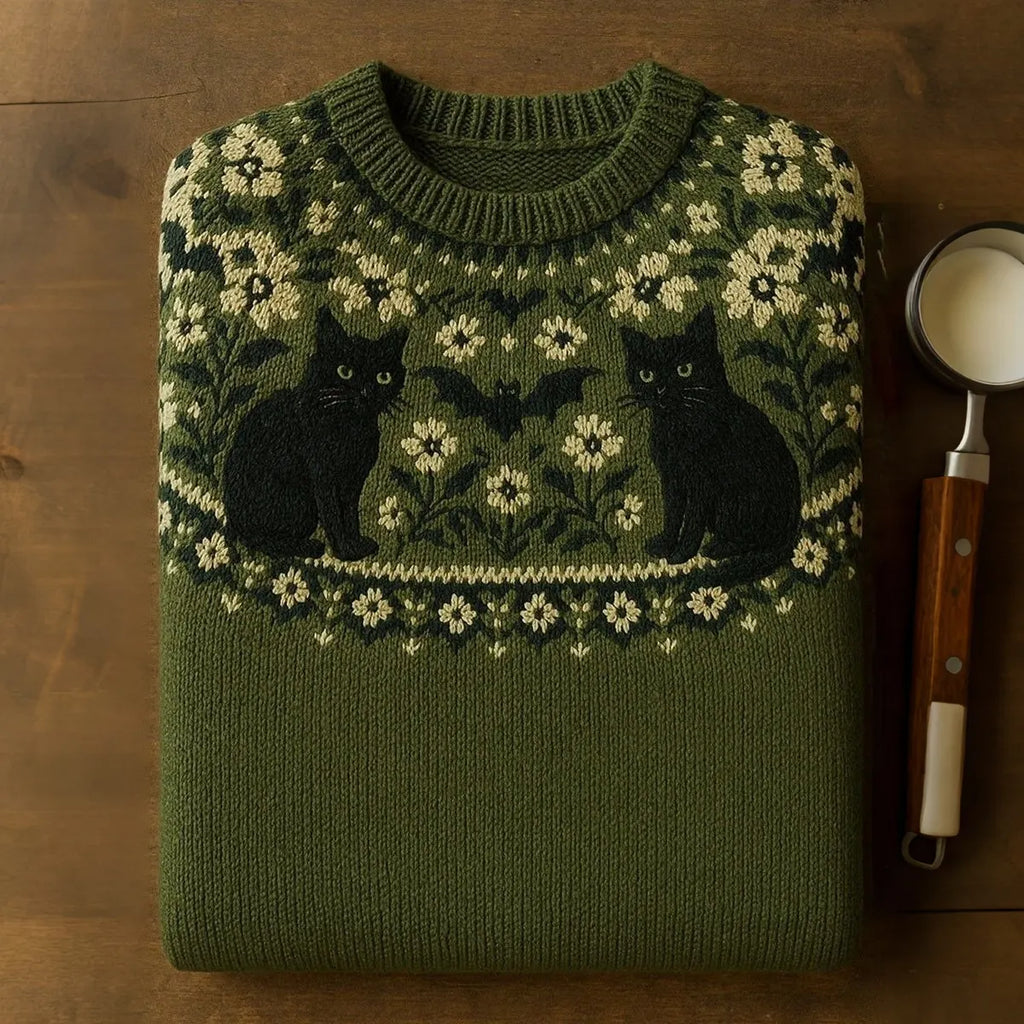 Women's Retro Black Cat Flowers Pattern Cozy Fair Isle Style Knit Sweater