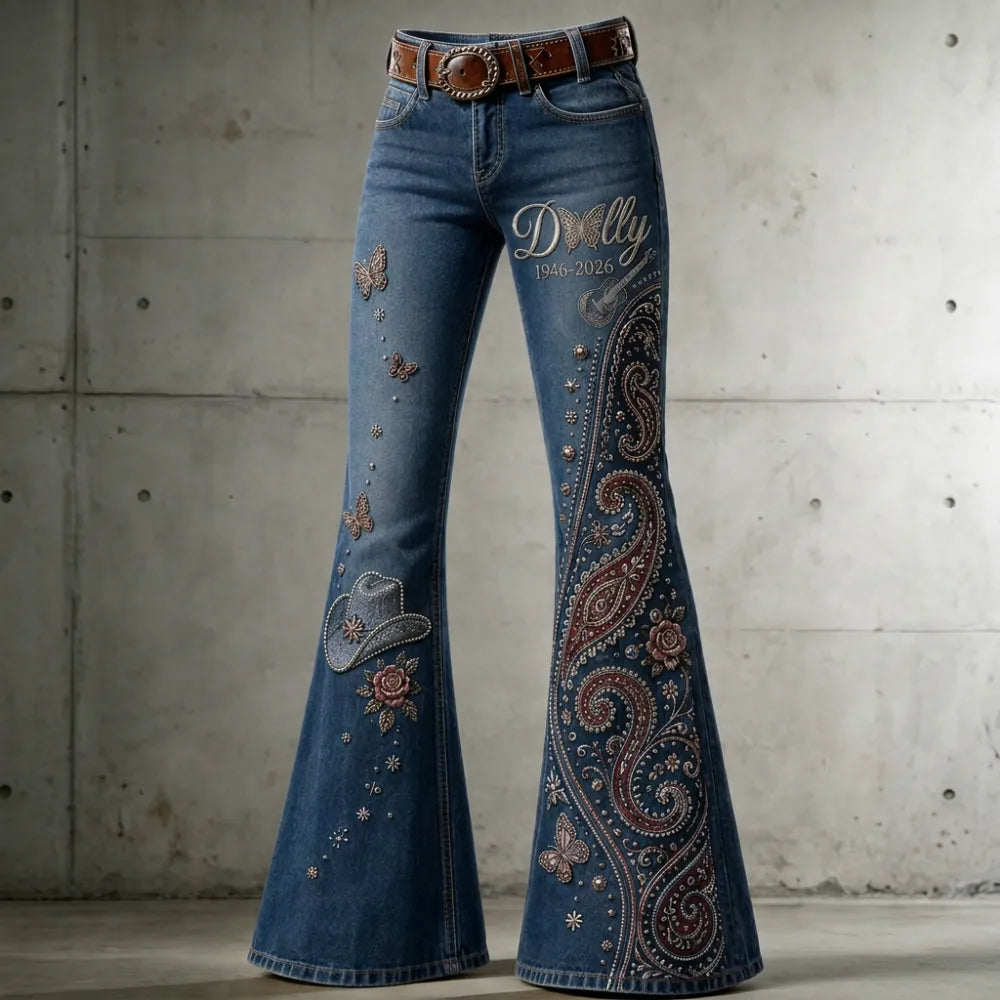 Women's Dolly Parton Butterfly Paisley Guitar Printed Flare Jeans