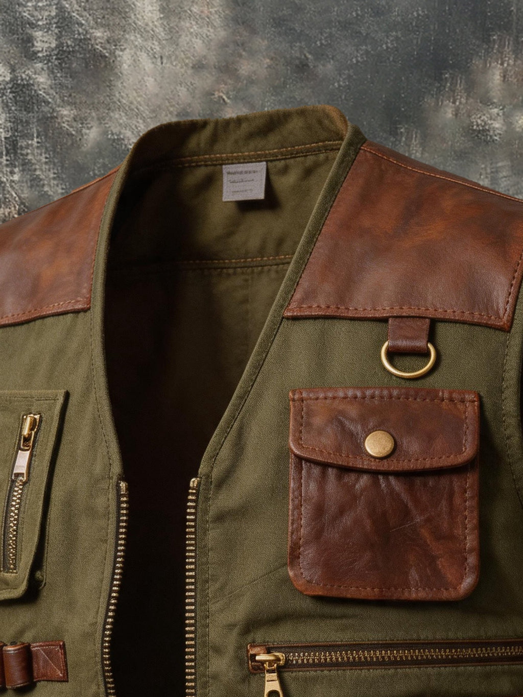 Men's Retro Leather-Panelled Multifunctional Multi-Pocket Outdoor Vest