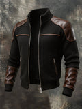 Men's Retro Leather-Panel Zip-Up Stand-Collar Jacket